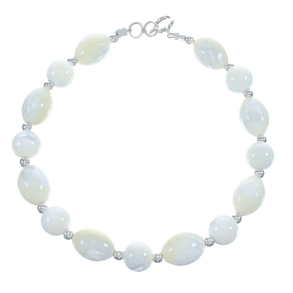 Native American Genuine Sterling Silver Mother of Pearl Bead Bracelet JX123366